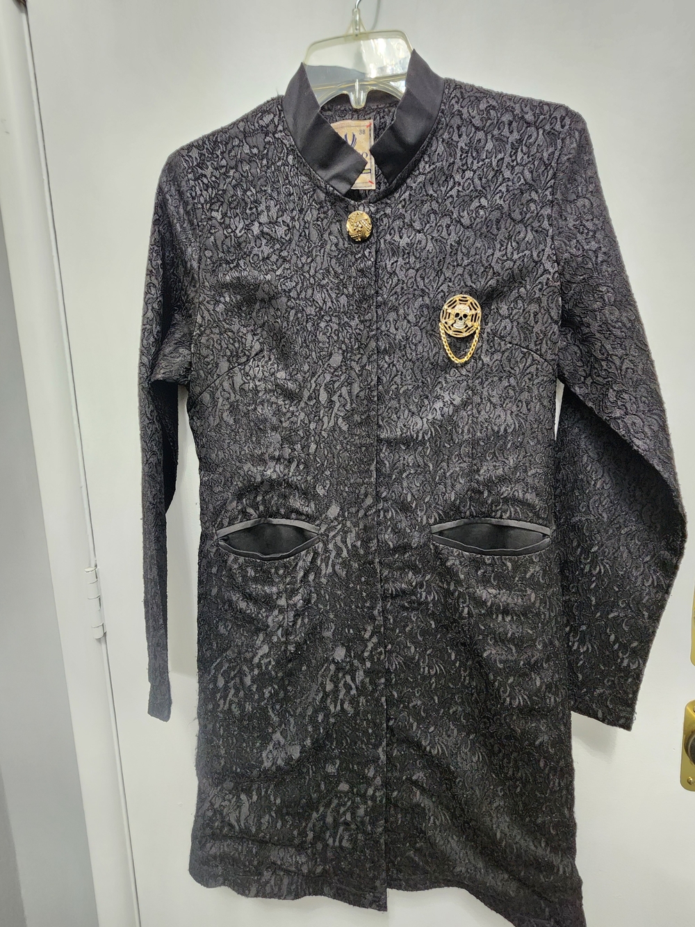 Vintage Black Textured Long Jacket with Skull Embellished Brooch